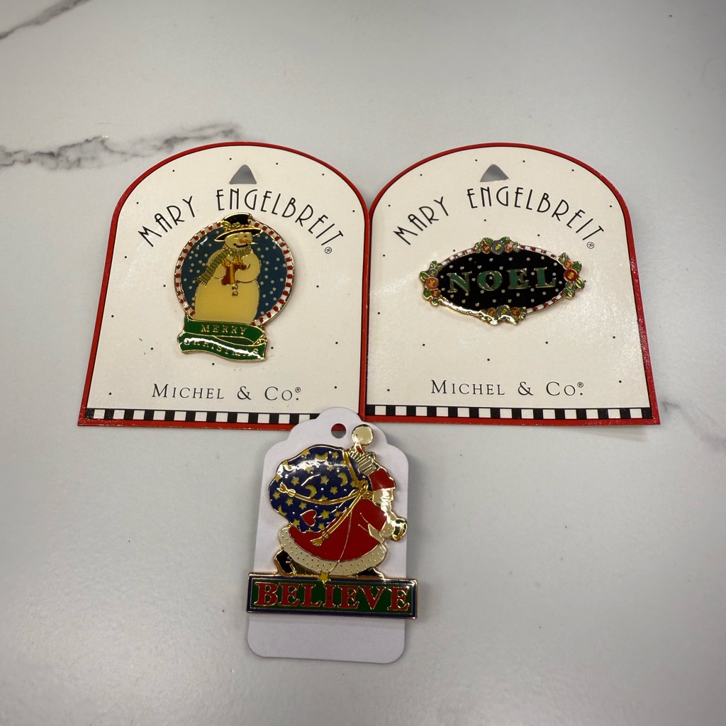 Mary Engelbreit Holiday Pin Set Vintage Michel & Co. Enamel Pins